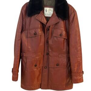 Vintage 70s London Fog Cognac Brown Leather Car Coat Faux Fur Collar Large